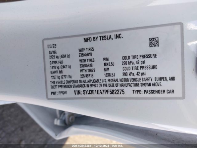 5YJ3E1EA7PF582275 Tesla Model 3 Rear-wheel Drive
