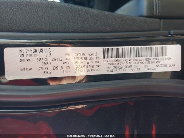 Dodge DURANGO LIMITED 2015 1C4RDHDG6FC743030 Image 9