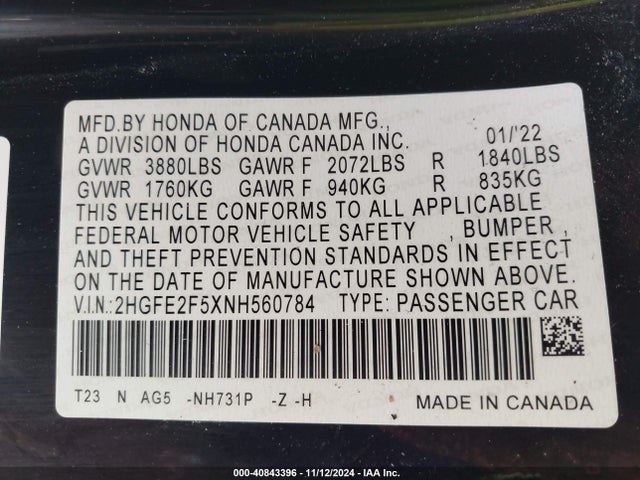 Honda Civic Sport 2022 2HGFE2F5XNH560784 Image 9