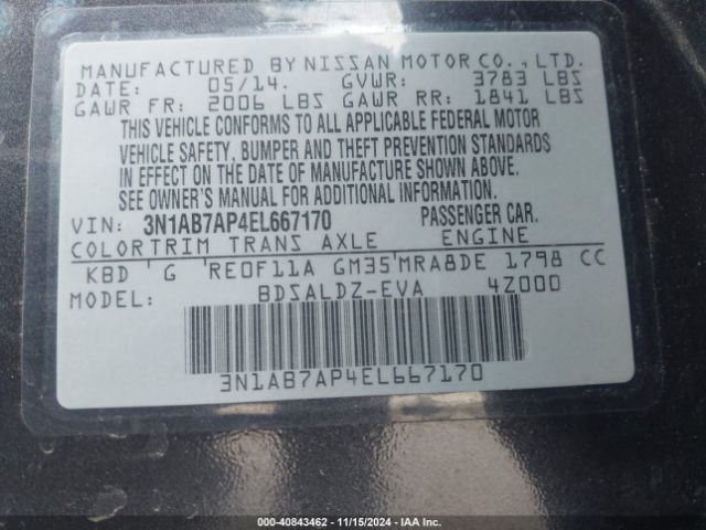 3N1AB7AP4EL667170 Nissan Sentra Fe+ S/fe+ Sv/s/sl/sr/sv