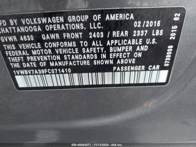 1VWBV7A39FC071410 Volkswagen Passat 2.0l Tdi Se