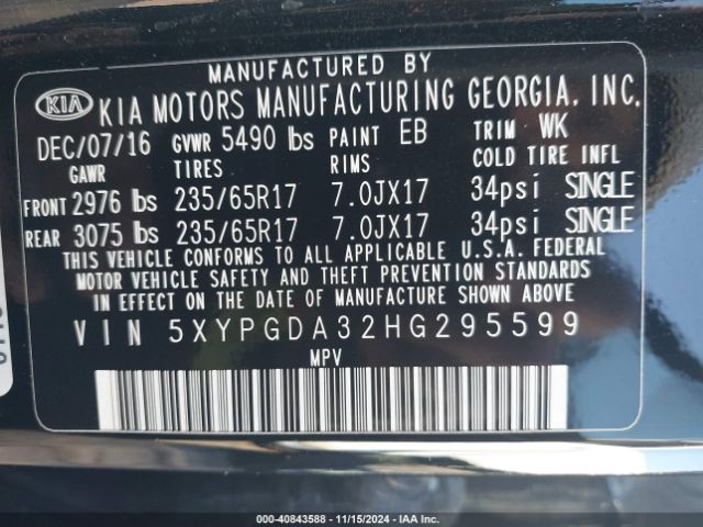 5XYPGDA32HG295599 KIA Sorento 2.4l Lx
