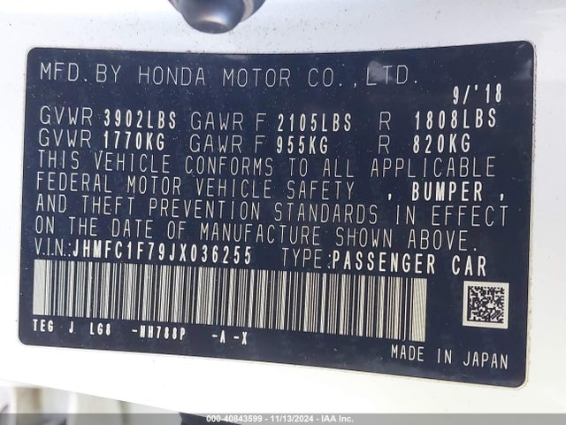 Honda Civic Ex-l 2018 JHMFC1F79JX036255 Image 9