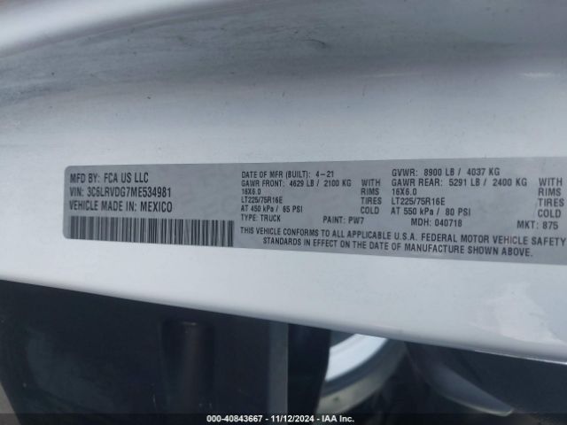 3C6LRVDG7ME534981 RAM Promaster 2500 High Roof 159 Wb