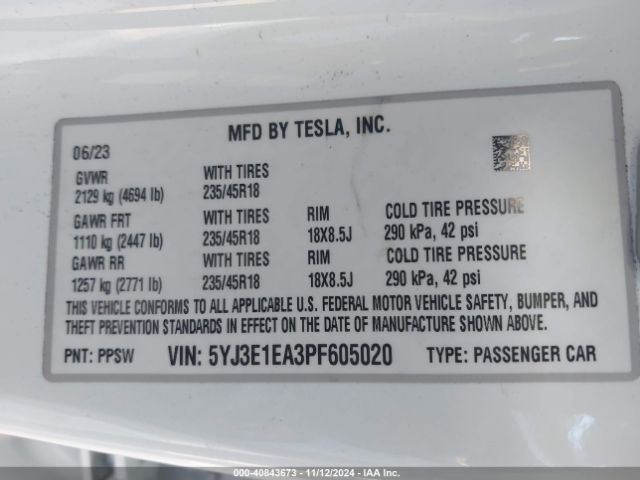 5YJ3E1EA3PF605020 Tesla Model 3 Rear-wheel Drive