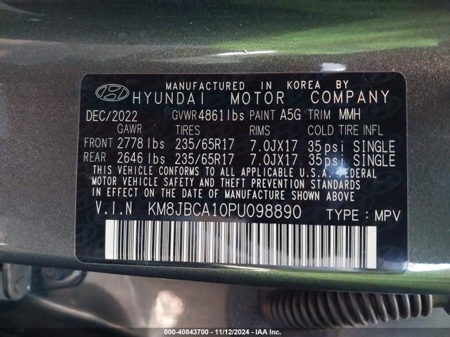 KM8JBCA10PU098890 Hyundai Tucson Hybrid Blue