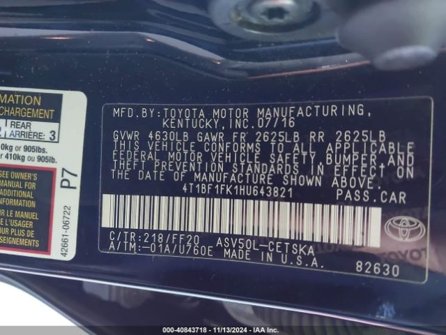 4T1BF1FK1HU643821 Toyota CAMRY SE