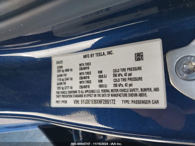 2022 TESLA MODEL 3 5YJ3E1EBXNF286172 Photo 8