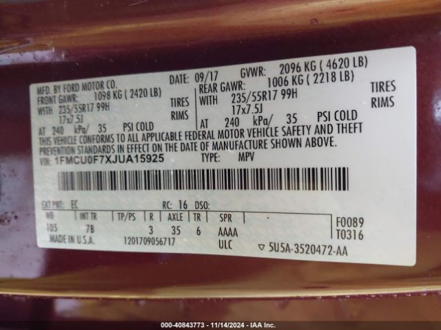 1FMCU0F7XJUA15925 Ford ESCAPE S
