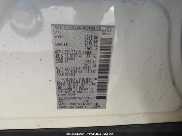 5N1AT2MV0LC802477 Nissan Rogue Sl Intelligent Awd