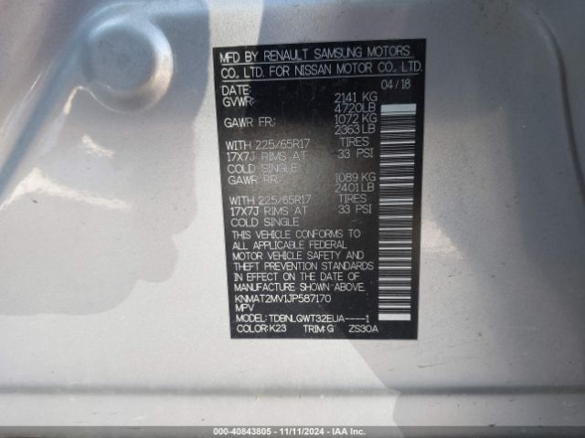 KNMAT2MV1JP587170 Nissan ROGUE SV