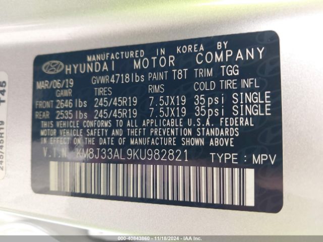 KM8J33AL9KU982821 Hyundai Tucson Sport