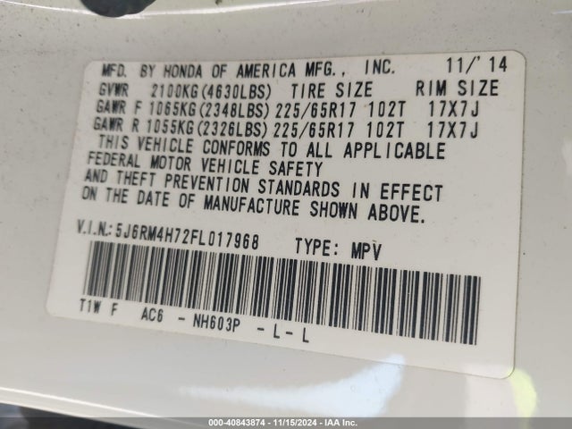 Honda Cr-v Ex-l 2015 5J6RM4H72FL017968 Image 9