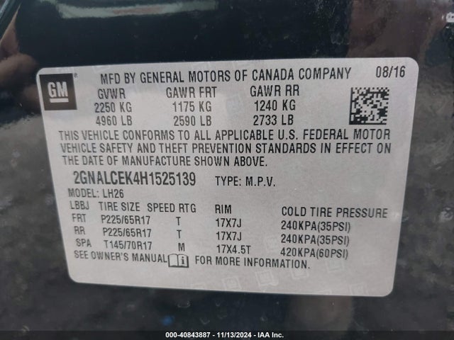 Chevrolet EQUINOX LT 2017 2GNALCEK4H1525139 Image 9