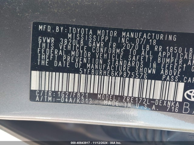 Aukcja sprzedaży 2019 Toyota Corolla Le, vin: 5YFBURHE6KP875576, numer aukcji: 40843917