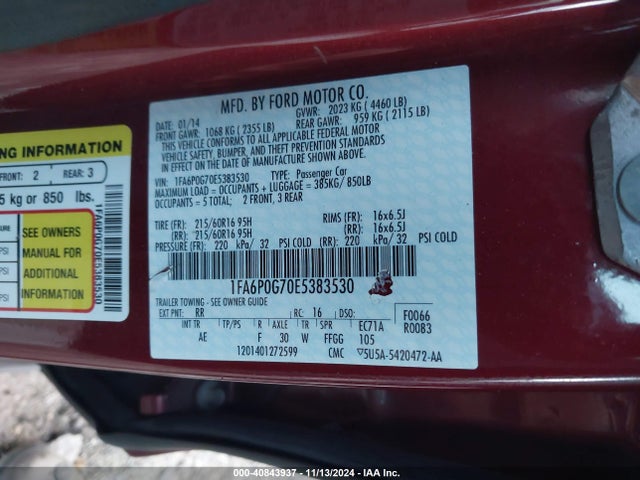 Ford FUSION S 2014 1FA6P0G70E5383530 Image 9