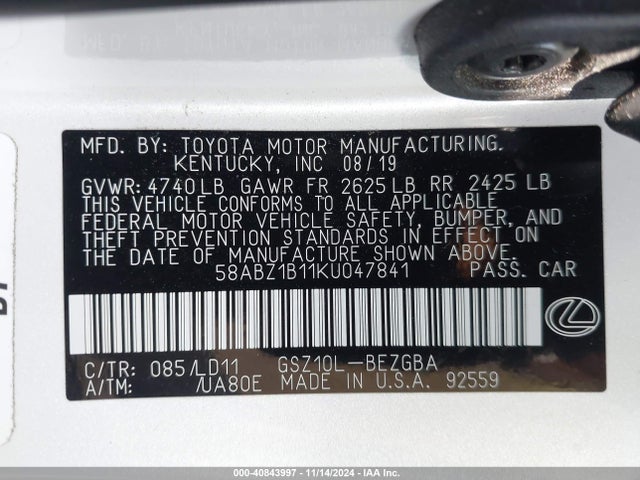58ABZ1B11KU047841 Lexus ES 350