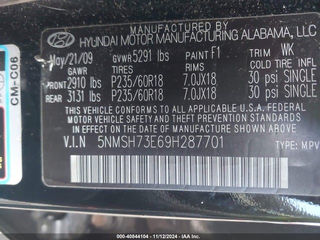 2009 Hyundai Santa Fe Limited მანქანა იყიდება აუქციონზე, vin: 5NMSH73E69H287701, აუქციონის ნომერი: 40844104