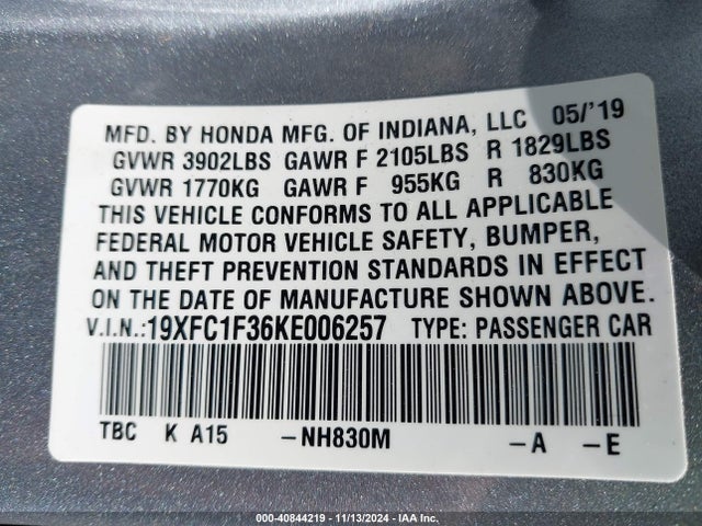 Honda CIVIC EX 2019 19XFC1F36KE006257 Image 9