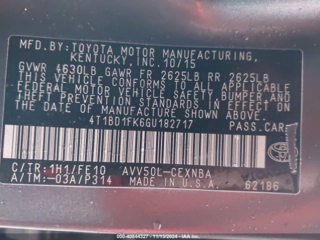 4T1BD1FK6GU182717 Toyota Camry Hybrid Le