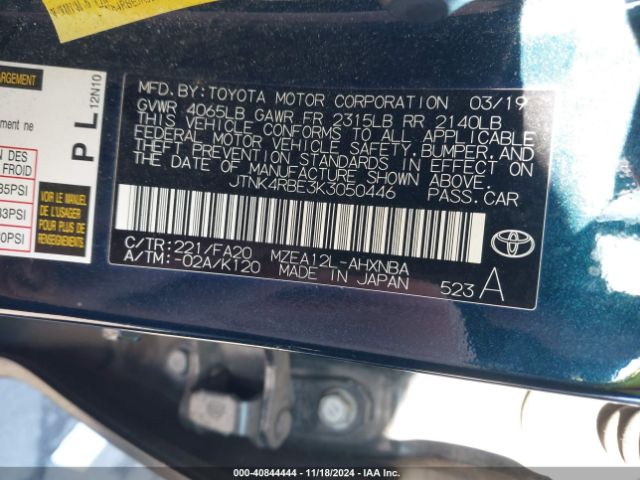 JTNK4RBE3K3050446 Toyota COROLLA SE
