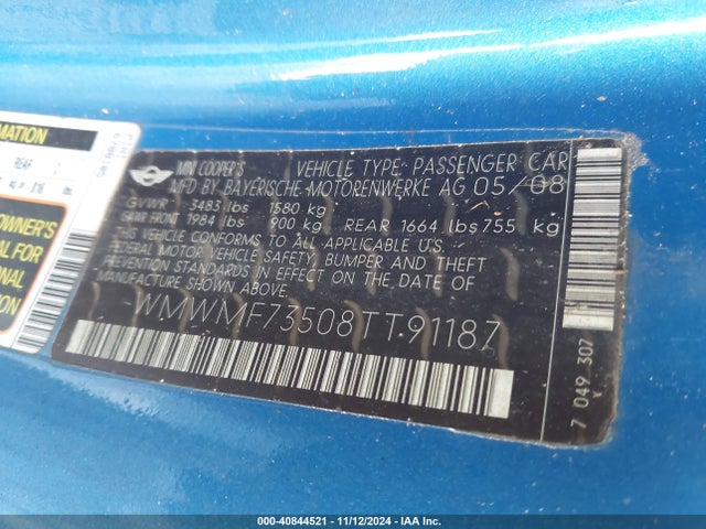 2008 MINI COOPER S WMWMF73508TT91187 Photo 8