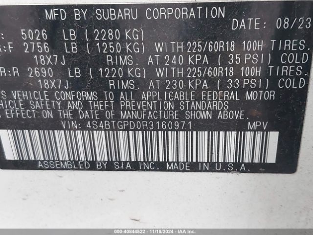 4S4BTGPD0R3160971 Subaru Outback Touring Xt