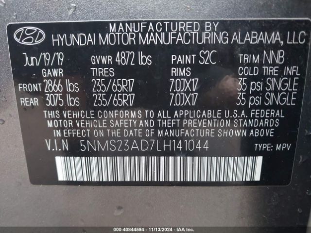 5NMS23AD7LH141044 Hyundai Santa Fe Se