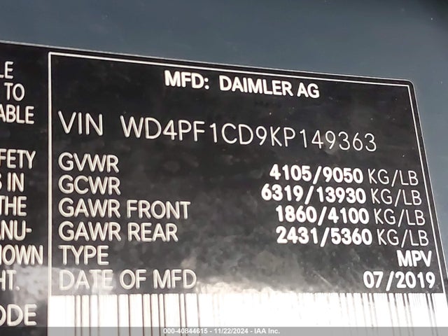 WD4PF1CD9KP149363 Mercedes-Benz Sprinter 2500 High Roof V6