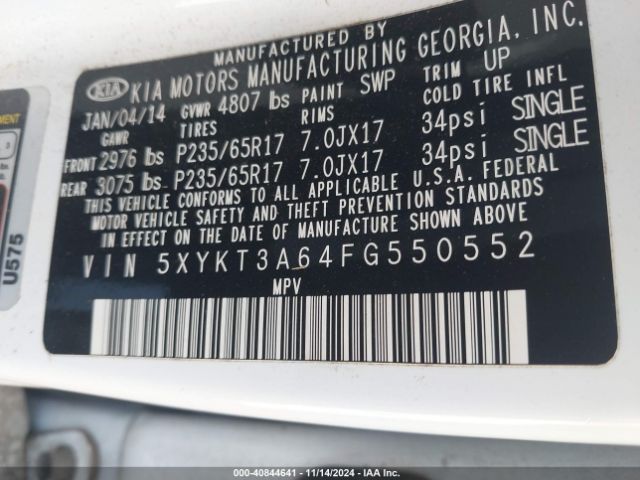 5XYKT3A64FG550552 KIA SORENTO LX