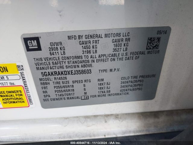 5GAKRAKDXEJ358603 Buick Enclave Convenience