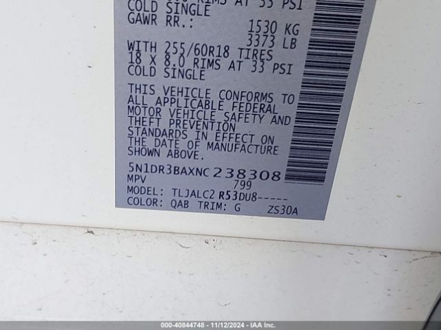 5N1DR3BAXNC238308 Nissan Pathfinder Sv 2wd
