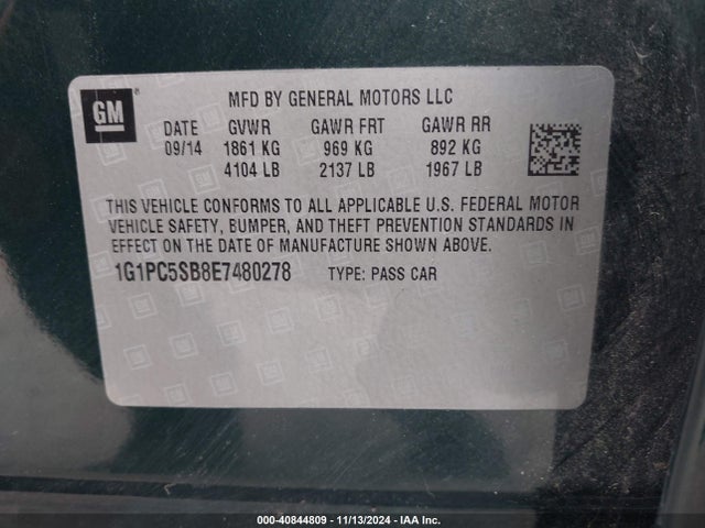 1G1PC5SB8E7480278 Chevrolet Cruze 1lt Auto