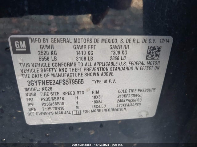 3GYFNEE34FS579565 Cadillac Srx Luxury Collection
