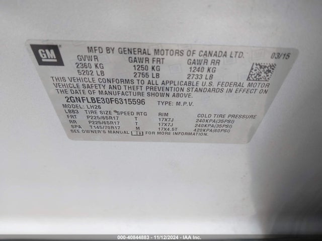 Chevrolet EQUINOX 1LT 2015 2GNFLBE30F6315596 Image 9