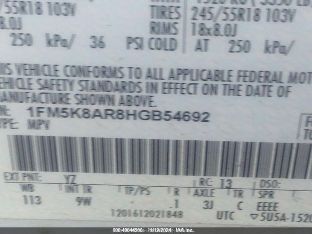 1FM5K8AR8HGB54692 Ford Utility Police Interceptor