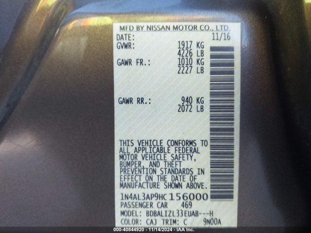 Nissan Altima 2.5 Sv 2017 1N4AL3AP9HC156000 Image 9