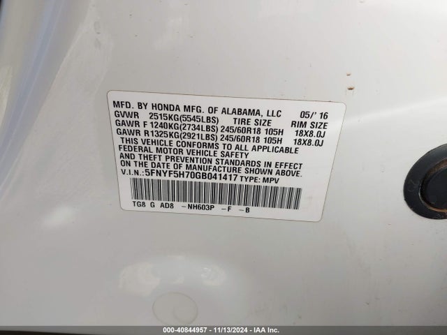 Honda Pilot Ex-l 2016 5FNYF5H70GB041417 Image 9
