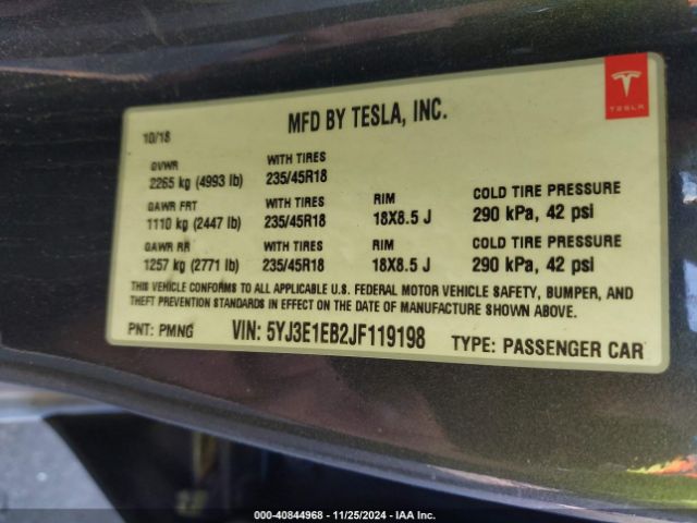 5YJ3E1EB2JF119198 Tesla Model 3 Long Range/performance