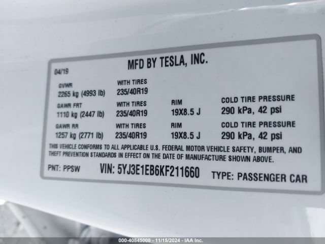 2019 TESLA MODEL 3 5YJ3E1EB6KF211660 Photo 8