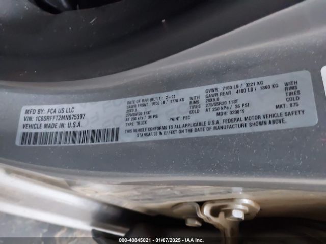 1C6SRFFT2MN675397 RAM 1500 Big Horn  4x4 5'7 Box