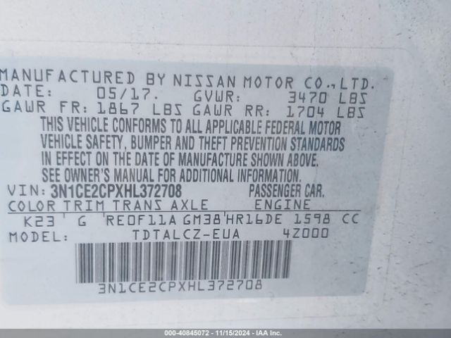 3N1CE2CPXHL372708 Nissan Versa Note S Plus