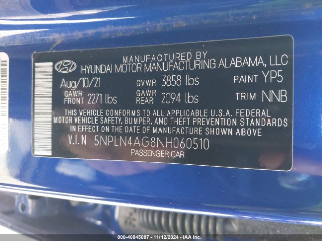 5NPLN4AG8NH060510 Hyundai ELANTRA SEL