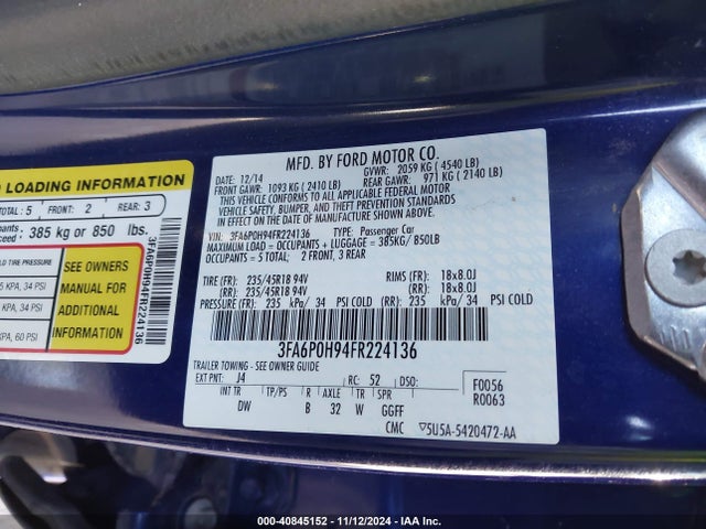 Ford FUSION SE 2015 3FA6P0H94FR224136 Image 9