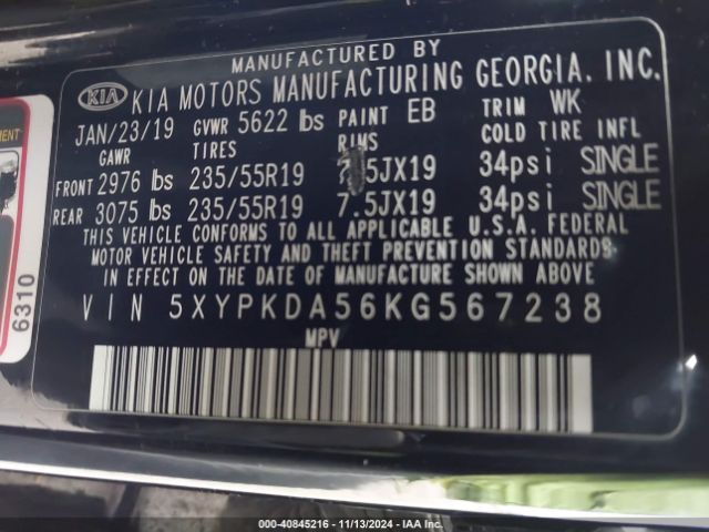 5XYPKDA56KG567238 KIA Sorento 3.3l Sxl