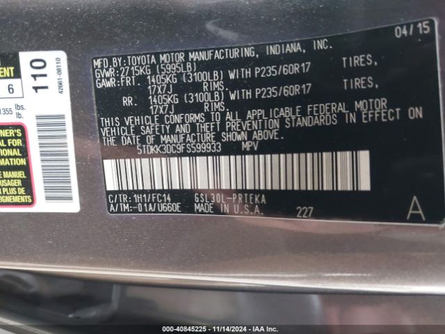 5TDKK3DC9FS599933 Toyota Sienna Le 8 Passenger