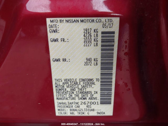 Nissan Altima 2.5 S 2017 1N4AL3AP7HC267001 Image 9