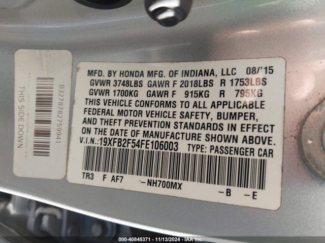 Honda Civic Lx 2015 19XFB2F54FE106003 Image 9