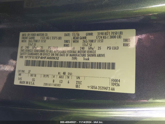Ford F-150 Xl 2017 1FTFX1EF4HFA60932 Image 9