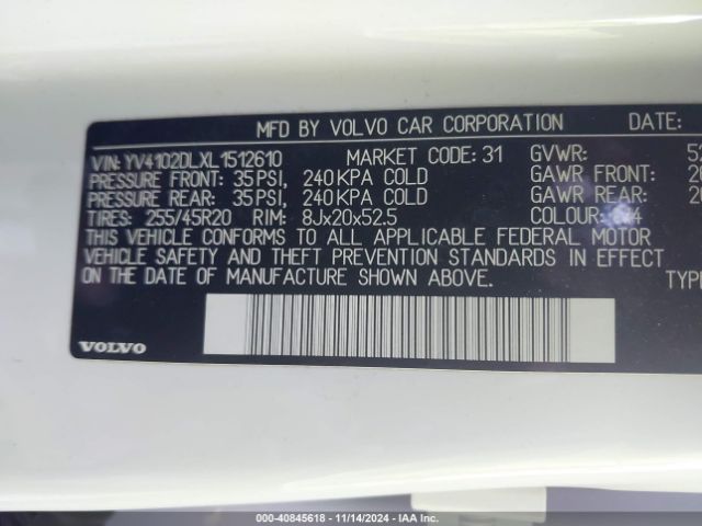 YV4102DLXL1512610 Volvo Xc60 T5 Inscription